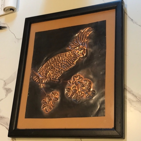 Copper Repouse’ Copper Art of Tooled Bird On A Branch Exotic Parrot Cockatiel - Picture 6 of 9